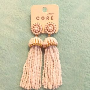White Beaded Tassel Earrings
